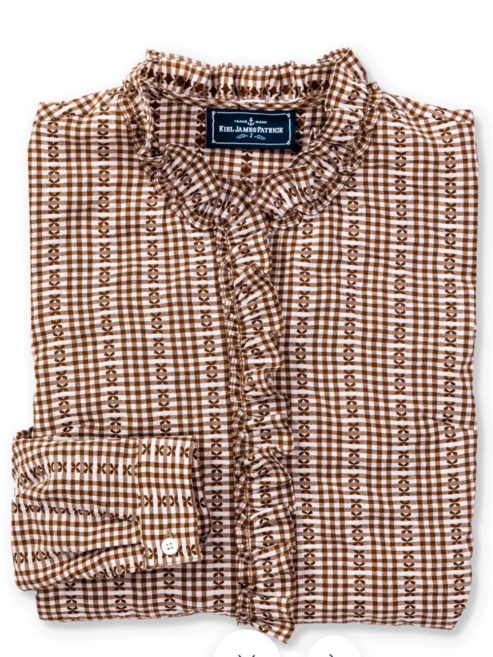 Kiel James Patrick Mayfair Check Ruffle Shirt in Brown size L NWT